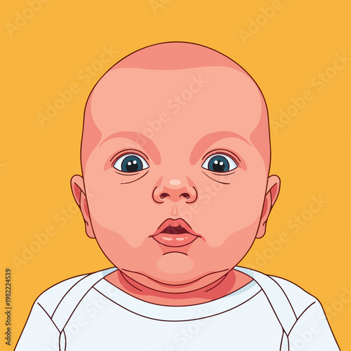 Flat illustration of a baby's face with wide blue eyes on a yellow background