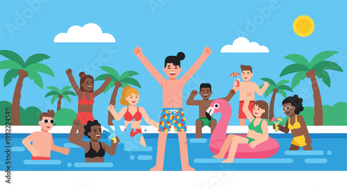 Diverse group of happy people enjoying a summer pool party at a tropical resort