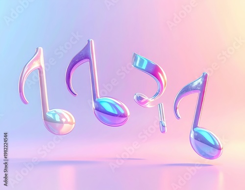 Holographic Iridescent Musical Notes Floating on Pastel Gradient Background