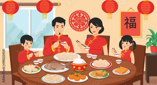Asian family in red outfits shares a festive New Year meal at a round table