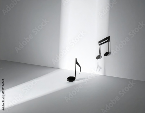 Minimalist scene with musical notes casting shadows in a white room