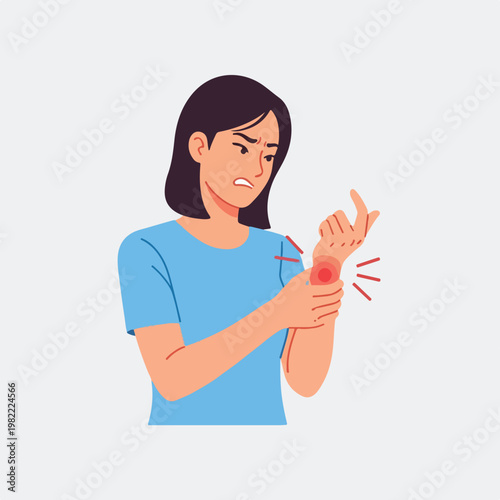Young woman holding her painful wrist, red circle indicating injury, flat style