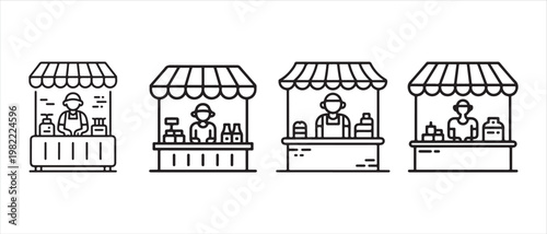 Collection of Street Market Stalls with Vendors Selling Goods, Clean Flat Design Vector Illustration.