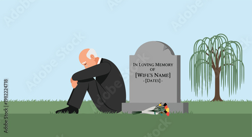 Sad elderly man grieving by his wife's gravestone in a cemetery with a willow