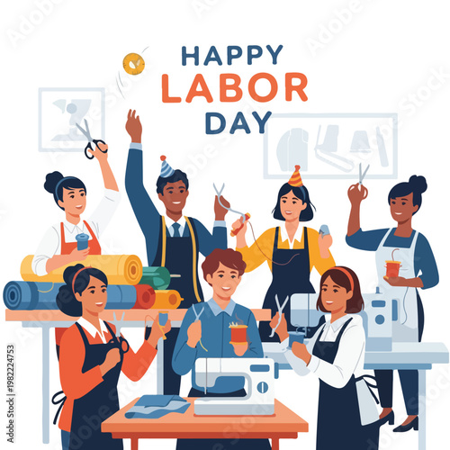 Diverse joyful tailors wearing party hats celebrate Labor Day in a sewing studio