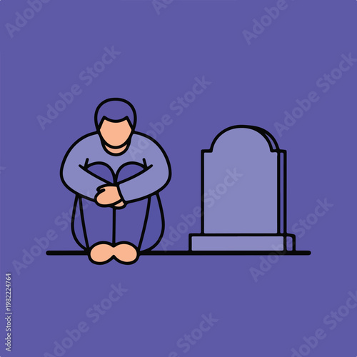 Grieving man sitting huddled next to a grave marker on a purple background