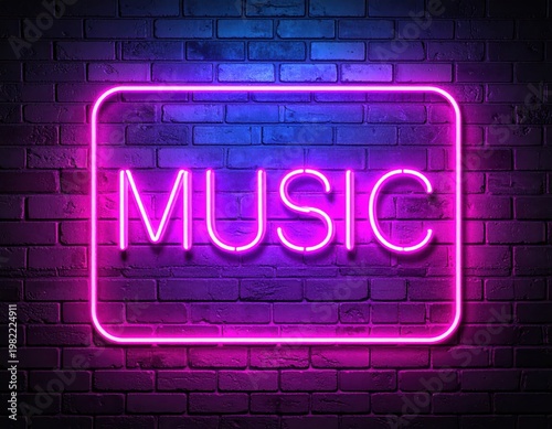 Vibrant neon MUSIC sign glowing pink and blue on a brick wall