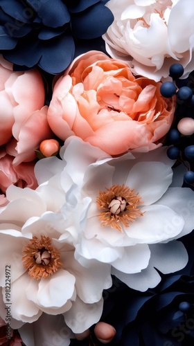 Elegant arrangement of blooming peonies in soft pastel hues