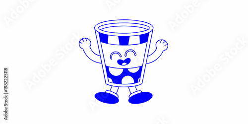 A cheerful cartoon glass with arms and legs happily standing upright