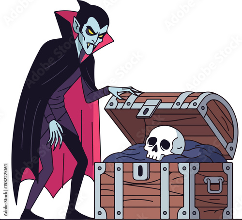 A mysterious vampire inspecting an ancient treasure chest filled with dark secrets vector illustration