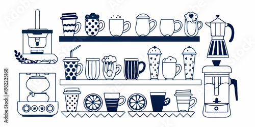 A collection of coffee and tea makers with various mugs displayed