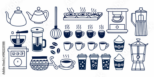 A collection of various coffee makers cups and coffee beans illustrated