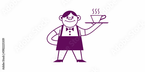 A cheerful waiter presents a steaming cup of coffee on a tray