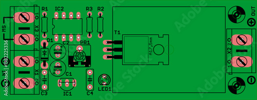 Placement of components of radio elements (contact
pads and seats) on printed circuit
board of electronic device.
Vector engineering 
drawing of pcb. Electric background.
Computer educational project.