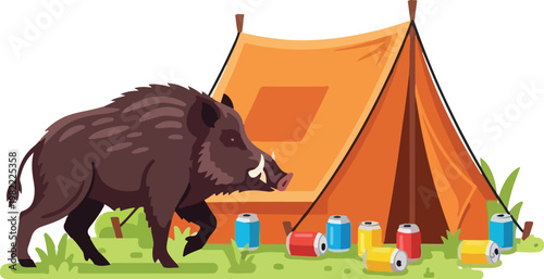 Wild boar exploring a campsite with scattered beverages and a tent nearby vector illustration