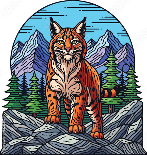 Majestic lynx standing amidst snowy mountain landscape and forest vector illustration