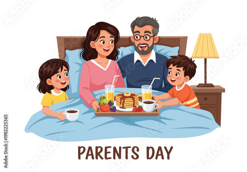 Happy Family Enjoying Breakfast in Bed on Parents Day.