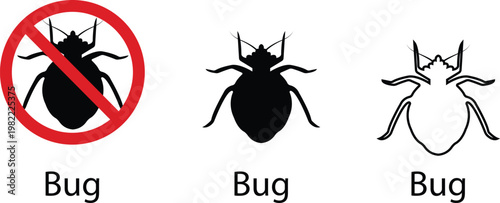 Bug insect icon set collection group, pest beetle bug, insect parasite symbol, no bug sign, infestation control icons in black flat and line style vector, pest control warning symbol pack