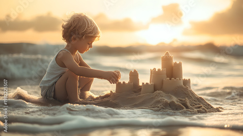 Child's Seaside Castle: A young child meticulously crafts a magnificent sandcastle on the shore as the sun sets, showcasing creativity and the simple joys of seaside play.