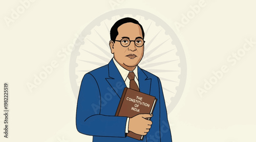 Illustration of Dr. B.R. Ambedkar holding a copy of the Constitution of India, with the Ashoka Chakra in the background.