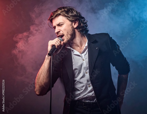 Passionate male singer performing on stage with microphone, dramatic red and blue smoke lighting.