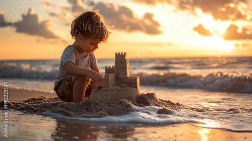 Serene Sands of Childhood: A young child engrossed in building a sandcastle on a tranquil beach at sunset, embodying the simple joys and imagination of youth.