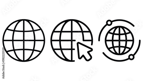 Global Internet Connection Icons Set – World Globe Network, Web Access Cursor Click, Online Communication and Digital Connectivity Line Vector Symbols 