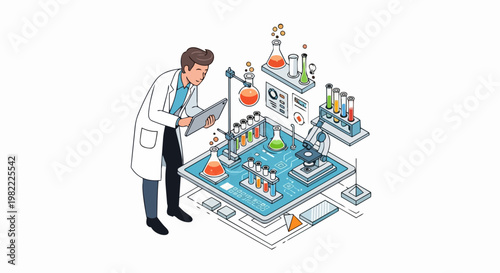 Scientist conducting research in a modern isometric laboratory with digital tablet, microscope, and chemical test tubes
