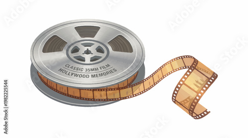 A vintage film reel with "Classic 8mm Film Hollywood Memories" inscribed on its side, with a strip of film unspooling.