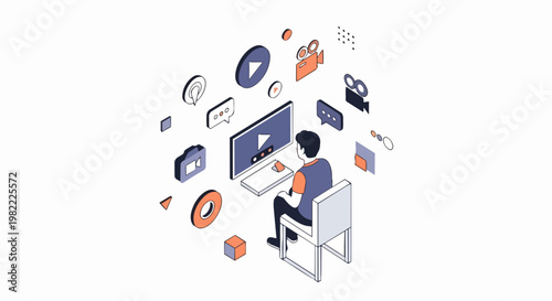 Isometric Video Content Creation and Digital Media Production Illustration with Man at Computer and Floating Icons