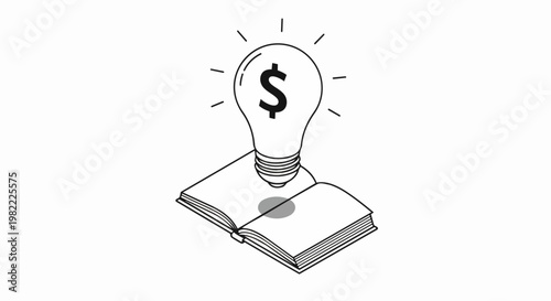 Isometric Line Art of a Light Bulb with Dollar Sign Floating Above an Open Book, Representing Monetizing Knowledge and Financial Education