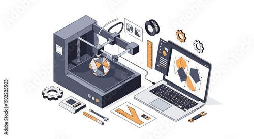 Isometric 3D Printing Workflow with Laptop, CAD Software, and Desktop 3D Printer Manufacturing a Geometric Prototype