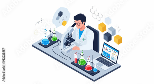 Isometric Scientist Laboratory Research with Microscope, Data Analysis, and Chemical Beakers