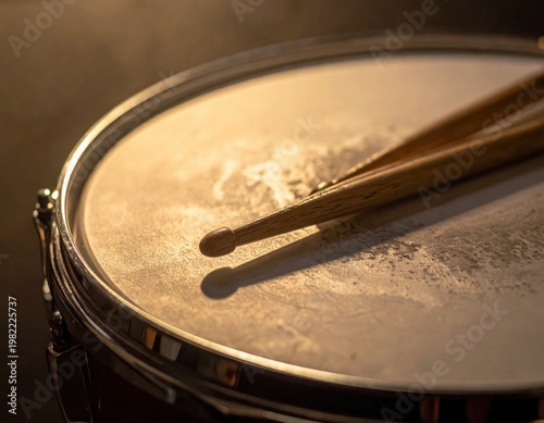 Drumsticks resting on a snare drum head with warm lighting