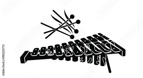 Xylophone musical instrument with paired mallets displayed in a stark black and white graphic style.