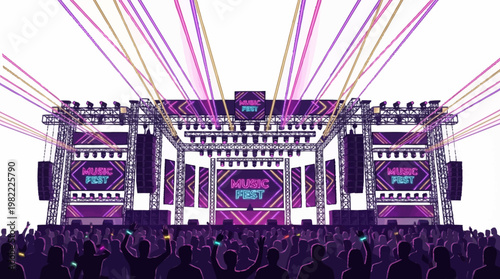 A large outdoor music festival stage with multiple screens and lighting rigs, viewed from the perspective of the audience.