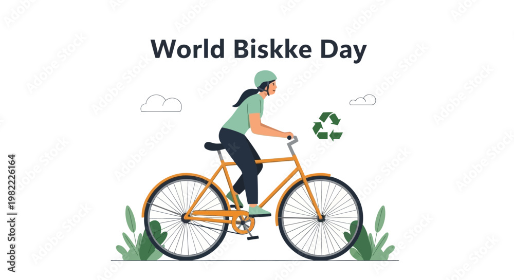 Obraz premium Woman cycling for World Biskke Day with recycling symbol