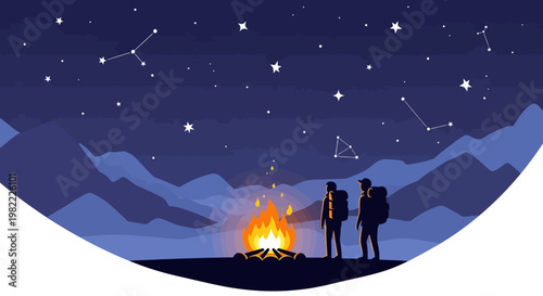 Two hikers camp by a bonfire under a starry mountain sky.