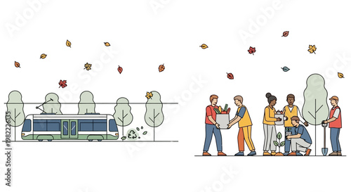 People tending community garden and tram in autumn.