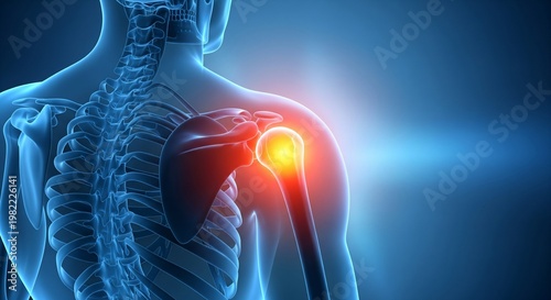 3D medical illustration of inflamed shoulder joint with glowing red pain and skeletal structure