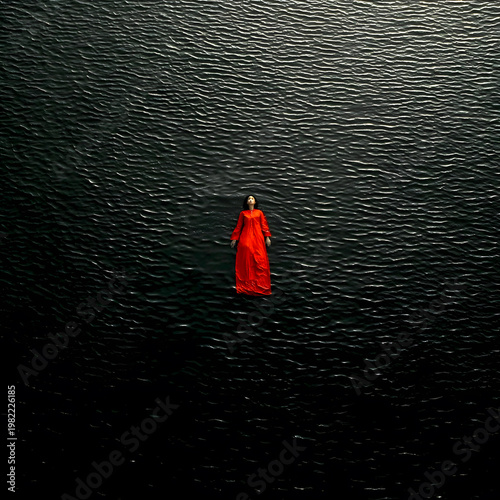 Serene Solitude in Deep Waters: A solitary figure, cloaked in a vibrant red dress, floats gracefully upon the dark, mysterious expanse of water, conveying a sense of introspection and tranquility.