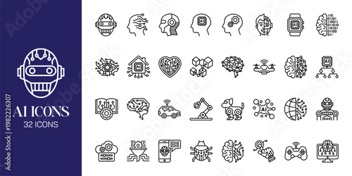 Artificial Intelligence Icon Set with AI Brain, Machine Learning, Robot, Data Network and Futuristic Technology Vector Collection