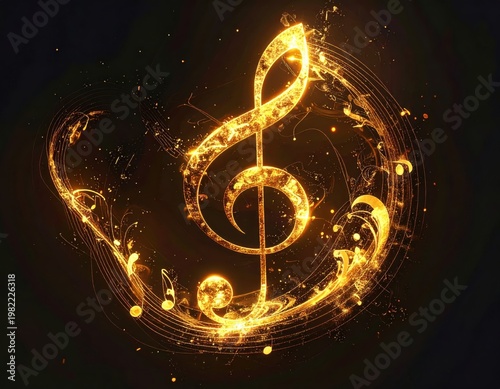 Golden Glowing Treble Clef and Musical Notes with Luminous Trails
