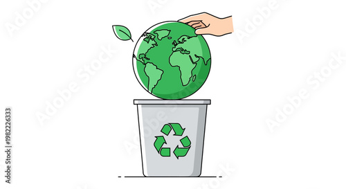 Illustration of a hand putting a green globe in a recycling bin for environmental protection.