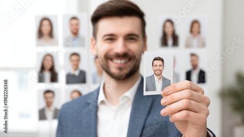 Creative director pins portrait to moodboard with diverse faces showing network connection