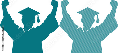 Two teal graduate silhouettes with raised fists and graduation caps graduates gowns