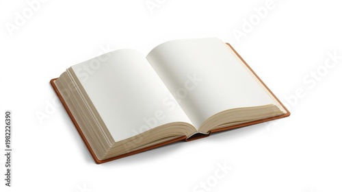 An open book with blank pages on a white background