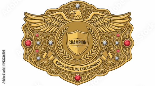 A detailed illustration of a golden championship wrestling belt with an eagle emblem and the words "CHAMPION" and "WORLD WRESTLING ENTERTAINMENT" inscribed.