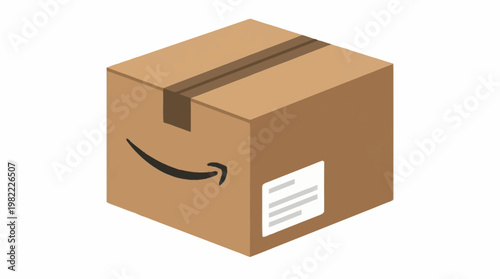 An isometric illustration of a brown cardboard shipping box with the Amazon smile logo and a shipping label.