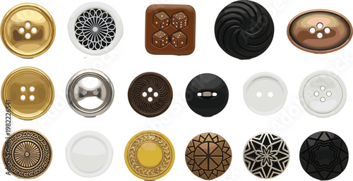 Set of realistic buttons in various styles, sewing accessories collection, decorative clothing fasteners, fashion design elements vector illustration